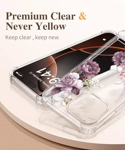 GVIEWIN iPhone 16 Pro uchun g‘ilof, ekran himoyachisi va kamera linzalari himoyachisi bilan, gulli zarbaga chidamli himoya bamperi, ayollar uchun ingichka shaffof telefon qopqog‘i 2024 6,3'', gilos gullari/binafsha - 3