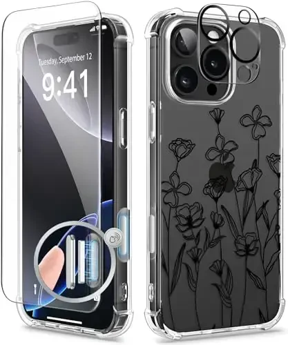 GVIEWIN iPhone 16 Pro uchun g‘ilof, ekran himoyachisi va kamera linzalari himoyachisi bilan, harbiy darajadagi himoya, zarbaga chidamli ingichka gul naqshli ayollar telefon g‘ilofi iPhone 16 Pro uchun, Eskiz/Qora - 1