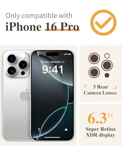 GVIEWIN iPhone 16 Pro uchun g‘ilof, ekran himoyachisi va kamera linzalari himoyachisi bilan, harbiy darajadagi himoya, zarbaga chidamli ingichka gul naqshli ayollar telefon g‘ilofi iPhone 16 Pro uchun, Eskiz/Qora - 2