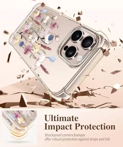 GVIEWIN iPhone 16 Pro uchun g‘ilof, ekran himoyachisi va kamera linzalari himoyachisi bilan, harbiy darajadagi himoya, zarbaga chidamli ingichka gul naqshli ayollar telefon g‘ilofi iPhone 16 Pro uchun, Guldasta/Rangli - 4