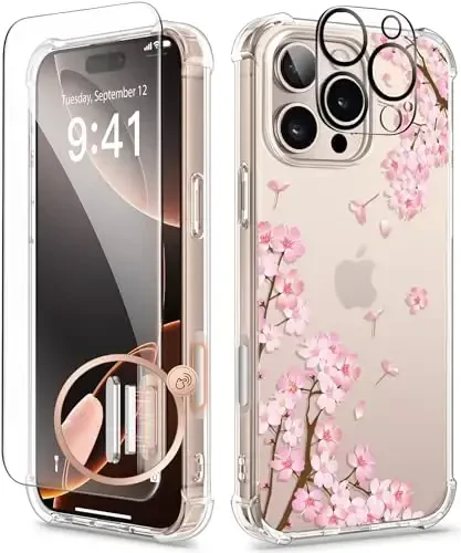 GVIEWIN iPhone 16 Pro uchun g‘ilof, ekran himoyachisi va kamera linzalari himoyachisi bilan, harbiy darajadagi himoya, zarbaga chidamli ingichka gul naqshli ayollar telefon g‘ilofi iPhone 16 Pro uchun, Sakura/Pushti - 1