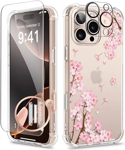 GVIEWIN iPhone 16 Pro uchun g‘ilof, ekran himoyachisi va kamera linzalari himoyachisi bilan, harbiy darajadagi himoya, zarbaga chidamli ingichka gul naqshli ayollar telefon g‘ilofi iPhone 16 Pro uchun, Sakura/Pushti 