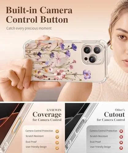 GVIEWIN iPhone 16 Pro uchun g'ilof, ekran himoyachisi va kamera linzalari himoyachisi bilan, harbiy darajadagi himoya, zarbaga chidamli ingichka gulli ayollar telefon g'ilofi iPhone 16 Pro uchun, Zinnia/Binafsha - 5