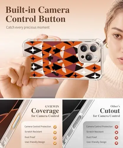 GVIEWIN iPhone 16 Pro uchun g‘ilof, ekran himoyachisi va kamera linzalari himoyachisi bilan, harbiy darajadagi himoya, zarbga chidamli ingichka gulli ayollar telefoni g‘ilofi iPhone 16 Pro uchun, qovoq/to‘q sariq - 5