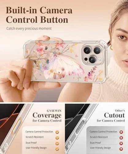 GVIEWIN iPhone 16 Pro uchun g'ilof, ekran himoyachisi va kamera linzalari himoyachisi bilan, harbiy darajadagi himoya, zarbga chidamli nozik gulli ayollar telefoni g'ilofi iPhone 16 Pro uchun, sehrli kapalak - 5