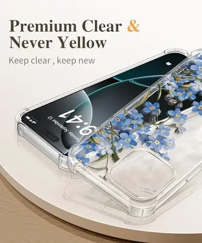 GVIEWIN iPhone 16 Pro uchun gʻilof, ekran himoyachisi va kamera linzalari himoyachisi bilan, harbiy darajadagi himoya, zarbga chidamli yupqa gulli ayollar telefon gʻilofi iPhone 16 Pro uchun, Aconite/Moviy - 3