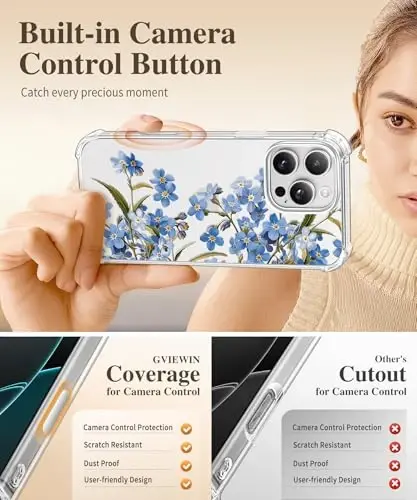 GVIEWIN iPhone 16 Pro uchun gʻilof, ekran himoyachisi va kamera linzalari himoyachisi bilan, harbiy darajadagi himoya, zarbga chidamli yupqa gulli ayollar telefon gʻilofi iPhone 16 Pro uchun, Aconite/Moviy - 5