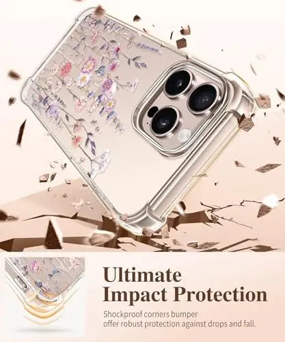 GVIEWIN iPhone 16 Pro uchun gʻilof, ekran himoyachisi va kamera linzalari himoyachisi bilan [Sargʻaymaydigan] Gullu Yupqa Zarbadan Himoya Qiluvchi Shaffof Gul Ayollar Telefon Qopqogʻi 6.3'' (Floratopia/Rangli) - 5