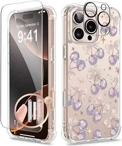 GVIEWIN iPhone 16 Pro uchun g‘ilof, ekran va kamera linzalari himoyachisi bilan, harbiy darajadagi himoya, zarbaga chidamli yupqa gul naqshli ayollar telefoni g‘ilofi iPhone 16 Pro uchun, Olcha/Lavanda - GVIEWIN