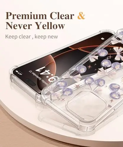GVIEWIN iPhone 16 Pro uchun g‘ilof, ekran va kamera linzalari himoyachisi bilan, harbiy darajadagi himoya, zarbaga chidamli yupqa gul naqshli ayollar telefoni g‘ilofi iPhone 16 Pro uchun, Olcha/Lavanda - 3