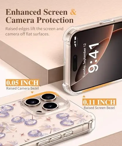 GVIEWIN iPhone 16 Pro uchun g‘ilof, ekran va kamera linzalari himoyachisi bilan, harbiy darajadagi himoya, zarbaga chidamli yupqa gul naqshli ayollar telefoni g‘ilofi iPhone 16 Pro uchun, Olcha/Lavanda - 7