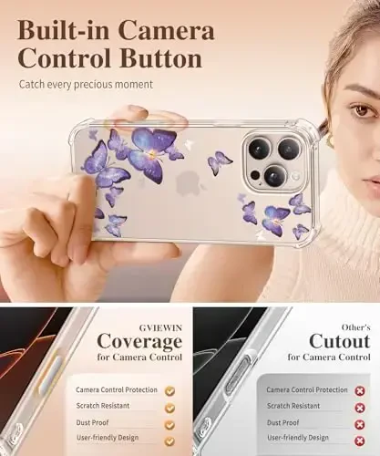GVIEWIN iPhone 16 Pro uchun gʻilof, ekran va kamera linzalari himoyasi, harbiy darajadagi himoya, zarbaga chidamli, nozik gulli ayollar uchun telefon gʻilofi iPhone 16 Pro uchun, jozibali kapalak/binafsha - 5