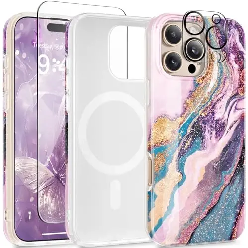 GVIEWIN iPhone 16 Pro uchun MagSafe bilan mos marmar naqshli qopqoq [ekran va kamera linzalari himoyachi bilan], harbiy darajali himoyaga ega ayollar uchun zarbaga bardoshli magnitli telefon qopqog'i (Sadof/Oltin) - GVIEWIN (1)