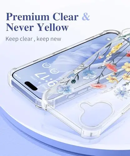 GVIEWIN iPhone 16 uchun gʻilof, gulli dizayn, ekran va kamera linzalari himoyachisi bilan, [sargʻaymaydigan] yumshoq zarbaga chidamli shaffof himoya gʻilofi, ayollar uchun, gulli naqsh 6.1 dyuym (Akonit/Ochiq koʻk) - 3