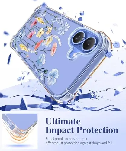 GVIEWIN iPhone 16 uchun gʻilof, gulli dizayn, ekran va kamera linzalari himoyachisi bilan, [sargʻaymaydigan] yumshoq zarbaga chidamli shaffof himoya gʻilofi, ayollar uchun, gulli naqsh 6.1 dyuym (Akonit/Ochiq koʻk) - 4