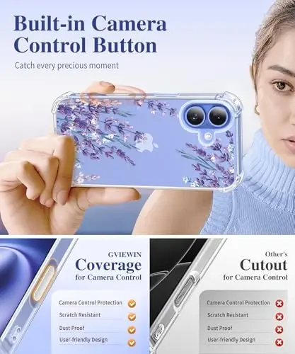 GVIEWIN iPhone 16 uchun gʻilof, gulli dizayn, ekran va kamera linzalari himoyasi bilan, [sargʻaymaydigan] yumshoq zarbaga chidamli shaffof ayollar uchun gʻilof, gul naqshli 6.1