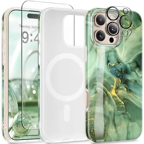 GVIEWIN Marble for 16 Pro Case MagSafe bilan mos, [Ekran himoyachisi va Kamera linzalari himoyachisi bilan], Harbiy darajadagi zarbaga chidamli ayollar magnit telefon qopqog'i (Sahro orzusi/Yashil) - 1