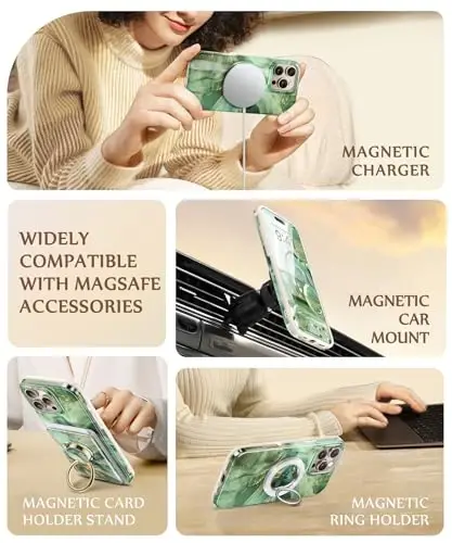 GVIEWIN Marble for 16 Pro Case MagSafe bilan mos, [Ekran himoyachisi va Kamera linzalari himoyachisi bilan], Harbiy darajadagi zarbaga chidamli ayollar magnit telefon qopqog'i (Sahro orzusi/Yashil) - 6