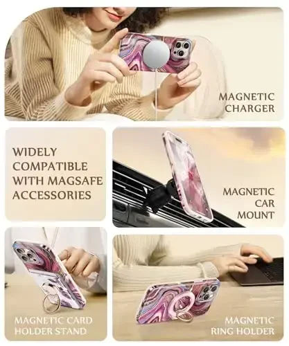 GVIEWIN Marble for 16 Pro Case MagSafe bilan mos, [ekran himoyachisi va kamera linzalari himoyachisi bilan], harbiy darajadagi zarbga chidamli ayollar magnitli telefon qopqog'i (Evdialit/Pushti) - 6