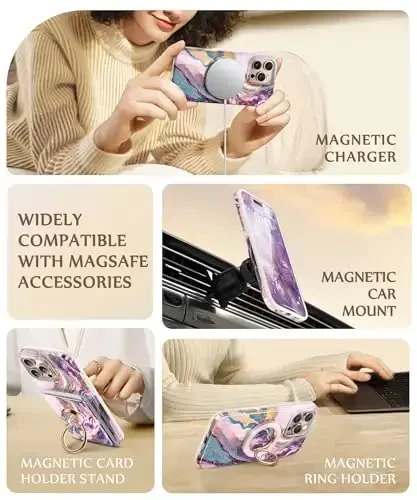 GVIEWIN Marble for iPhone 16 Pro Case Compatible with MagSafe, [with Screen Protector&Camera Lens Protector], Military-Grade Protection Shockproof Women Magnetic Phone Cover (Dreamland River/Purple) - 6