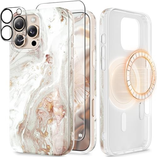 GVIEWIN Marble for iPhone 16 Pro Case Compatible with MagSafe, [with Screen Protector&Camera Lens Protector], Military-Grade Protection Shockproof Women Magnetic Phone Cover (Pearlescent/Gold) - 1