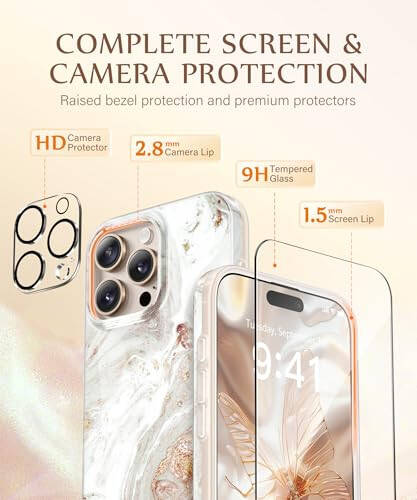 GVIEWIN Marble for iPhone 16 Pro Case Compatible with MagSafe, [with Screen Protector&Camera Lens Protector], Military-Grade Protection Shockproof Women Magnetic Phone Cover (Pearlescent/Gold) - 6