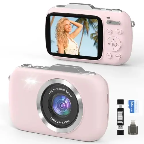 GWAEPU 4K Compact Digital Camera: 64MP Point and Shoot Cameras for Photography 18X Zoom Portable Small Vlogging Digicam with 32GB TF Card 2 Batteries for Beginners Teens Students Pink - GWAEPU