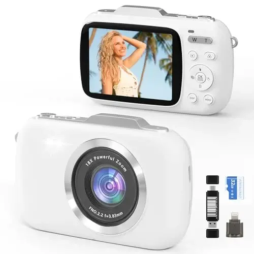 GWAEPU 4K Digital Cameras for Vlogging: 64MP Point and Shoot Compact Small Travel Camera - 18X Zoom 32G TF Card & 2.8-inch Screen for Kids Beginners Teens Adults Girls White - GWAEPU