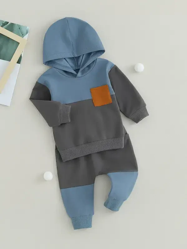 GXFC Baby Boys Fall Tracksuit Outfits Clothes 6M 1T 2T 3T Kids Boys Long Sleeve Hooded Contrast Color Sweatshirt and Elastic Waistband Long Pants 2 Piece Casual Autumn Clothing for Toddler Boys - GXFC
