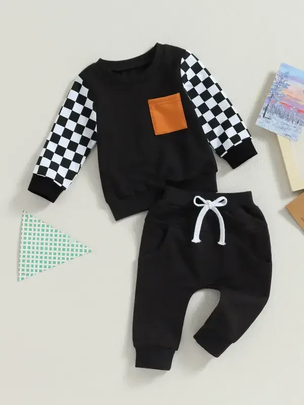 GXFC Toddler Boys Fall Tracksuit Outfits Clothes 6M 1T 2T 3T Kids Boys Long Sleeve Plaid Pattern Sweatshirt and Elastic Waistband Sweatpants 2 Piece Casual Autumn Clothing for Children Boys - 2