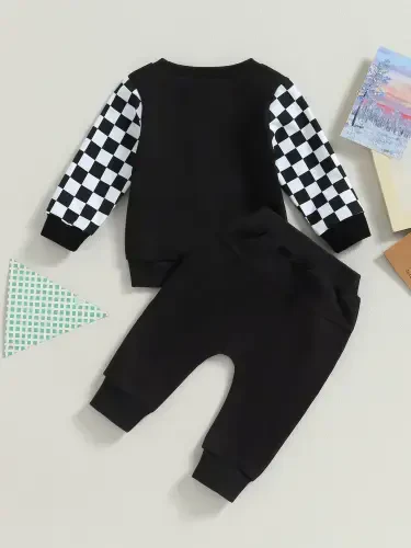 GXFC Toddler Boys Fall Tracksuit Outfits Clothes 6M 1T 2T 3T Kids Boys Long Sleeve Plaid Pattern Sweatshirt and Elastic Waistband Sweatpants 2 Piece Casual Autumn Clothing for Children Boys - 1