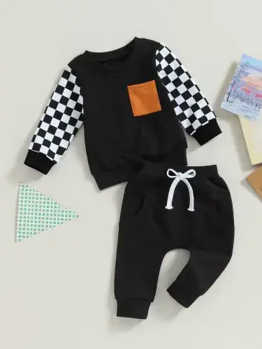 GXFC Toddler Boys Fall Tracksuit Outfits Clothes 6M 1T 2T 3T Kids Boys Long Sleeve Plaid Pattern Sweatshirt and Elastic Waistband Sweatpants 2 Piece Casual Autumn Clothing for Children Boys - GXFC (1)
