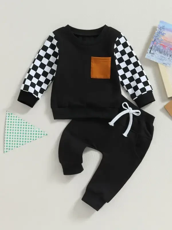 GXFC Toddler Boys Fall Tracksuit Outfits Clothes 6M 1T 2T 3T Kids Boys Long Sleeve Plaid Pattern Sweatshirt and Elastic Waistband Sweatpants 2 Piece Casual Autumn Clothing for Children Boys - 6
