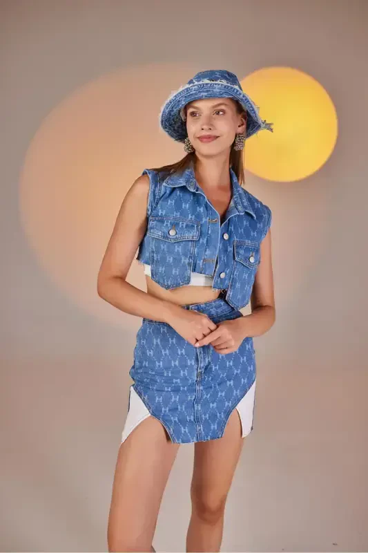 H Baskılı Asimetrik Kesim Mini Jean Etek Mavi - 7