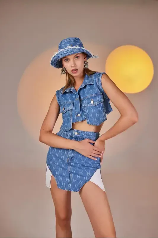 H Baskılı Asimetrik Kesim Mini Jean Etek Mavi - 1