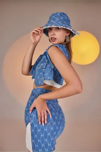 H Baskılı Asimetrik Kesim Mini Jean Etek Mavi - HOLLY LOLLY (1)