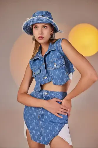 H Baskılı Asimetrik Kesim Mini Jean Etek Mavi - 4