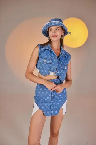 H Baskılı Asimetrik Kesim Mini Jean Etek Mavi - 7