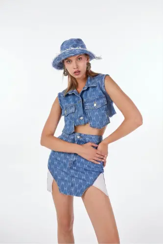H Baskılı Asimetrik Kesim Mini Jean Etek Mavi - Mavi - 2