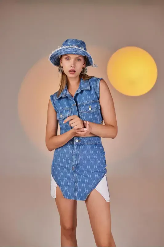 H Printed Asymmetric Cut Mini Jean Skirt Blue - 5