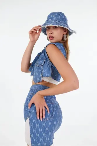 H Printed Asymmetric Cut Mini Jean Skirt Blue - HOLLY LOLLY (1)