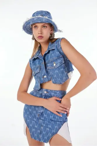 H Printed Asymmetric Cut Mini Jean Skirt Blue - 4