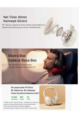 H2 Pro Aux Kablosuz Bt 5.3 Beyaz Kulaklık Hifi Enc 70 Saat Dinleme Oyun Modu-Beyaz - Modazone (1)