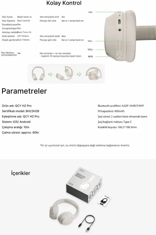 H2 Pro Aux Kablosuz Bt 5.3 Beyaz Kulaklık Hifi Enc 70 Saat Dinleme Oyun Modu-Beyaz - 7