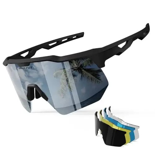 HAAYOT Sports Sunglasses with 5 Interchangeable Lenses | UV400 glasses with a polarized black lens for men and women, ideal for baseball, running, cycling and softball. 