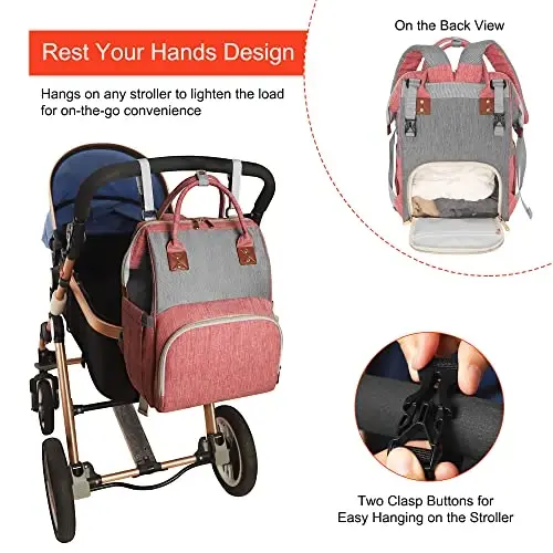 HABOPET Diaper Bag Backpack Multi-Function Baby Bag With Large Capacity and Insulated Pockets Diaper Backpack Organizer Bag for Mom/Dad, Pink+Gray - 5