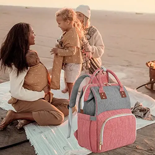 HABOPET Diaper Bag Backpack Multi-Function Baby Bag With Large Capacity and Insulated Pockets Diaper Backpack Organizer Bag for Mom/Dad, Pink+Gray - 6