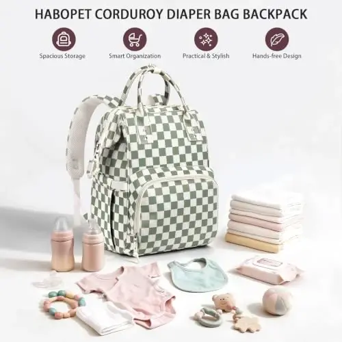 HABOPET Checkered Diaper Bag, Baby Backpack for Mom with Stroller Straps | Backpack Diaper Bag,13 Pockets,Easy Access,Corduroy,Lightweight Baby Bag for Boys&Girls,Travel Essentials - HABOPET (1)