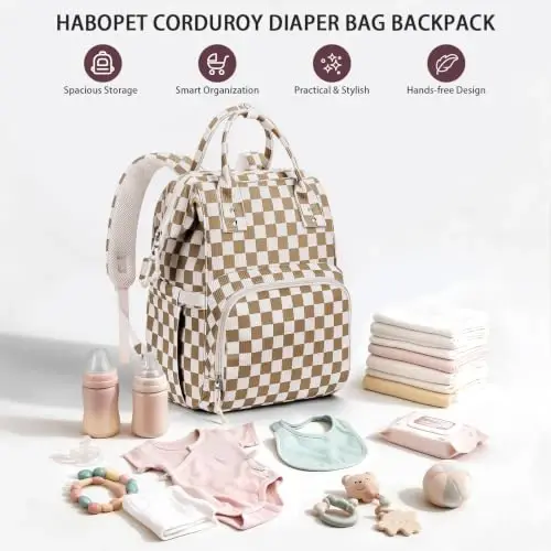 HABOPET Diaper Bag Backpack, Corduroy Travel Baby diaper bag for Mom/Dad | Backpack Diaper Bag with Stroller Straps,13 Pockets,Easy Access,Corduroy,Baby Bag for Boys&Girls,Travel Essentials - HABOPET (1)