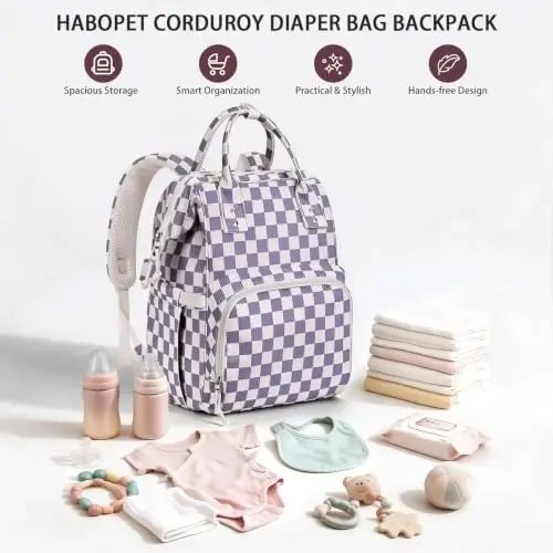 HABOPET Diaper Bag Backpack, Corduroy Travel Baby diaper bag for Mom/Dad | Backpack Diaper Bag with Stroller Straps,13 Pockets,Easy Access,Corduroy,Baby Bag for Boys&Girls,Travel Essentials - HABOPET (1)